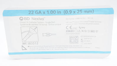 BD 383512 Nexiva Clodsed IV Cath. System - Single Port 22GA x 1.00inch 33Ll/min